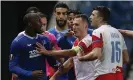  ?? Photograph: Ian MacNicol/Getty Images ?? Rangers’ Finnish midfielder Glen Kamara (left) alleges that Slavia Prague’s Ondrej Kudela (right) made racist comments to him in the closing minutes of the Europa League second leg.