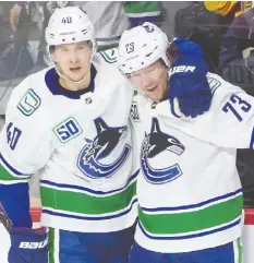  ?? — USA TODAY SPORTS ?? Elias Pettersson, left, and Tyler Toffoli celebrate a goal earlier this season. The Canucks hope to swing a deal in the off-season to recover the second-round draft pick they gave up to acquire Toffoli.