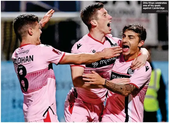  ?? JON CORKEN ?? Otis Khan celebrates one of his goals against Cambridge