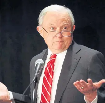  ?? ANGELA ROWLINGS / BOSTON HERALD ?? NEW BATTLE: U.S. Attorney General Jeff Sessions resigned yesterday, putting the Mueller probe at risk, according to Democrats.