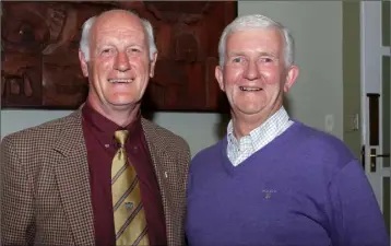  ??  ?? Mick Kinsella with his fellow 1968 All-Ireland Senior hurling-winning panel member, Jimmy Furlong from Adamstown, at their joint retirement function from the G.A.A., organised by the County Board and held in Ferrycarri­g Hotel in 2011.