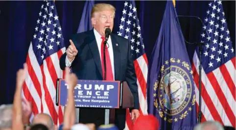  ??  ?? Republican presidenti­al candidate Donald Trump speaks during a campaign rally at Laconia Middle School on Thursday in Laconia, NH.