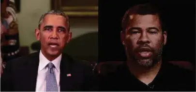  ??  ?? Jordan Peele next to the deepfake Obama he created.