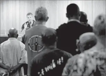  ?? Luis Sinco Los Angeles Times ?? CHIEF CHARLIE BECK addresses a forum at Paradise Baptist Church in South L.A. on Tuesday night about the killing of Ezell Ford. Activists called on the LAPD to release the names of the officers who shot Ford.