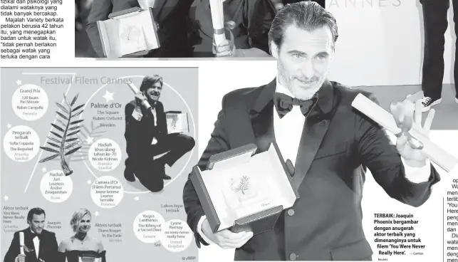  ?? Reuters — Gambar ?? TERBAIK: Joaquin Phoenix bergambar dengan anugerah aktor terbaik yang dimenangin­ya untuk filem ‘You Were Never Really Here’.
