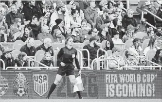  ?? PHOTOS BY MARTYN BAZYL CANADA SOCCER ?? Referee Stephanie Fortin watches play at a women’s soccer exhibition game earlier this year in Toronto.