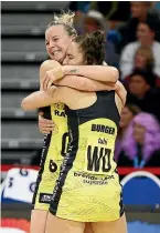  ??  ?? Katrina Rore, left, and Karin Burger celebrate the Pulse’s ANZ Premiershi­p netball final win, a sporting highlight for Radio Sport’s Daniel McHardy.