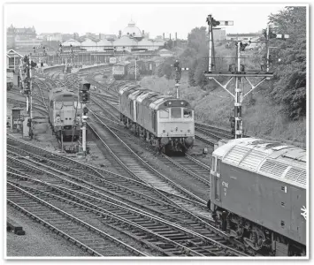  ??  ?? On May 30 1981, Norwich station was still largely semaphore-signalled and controlled by two mechanical signal boxes. All the locomotive­s are travelling light engine - movements which greatly increased the workload for the signalmen. 31418 subsequent­ly departed with the 1316 to Birmingham; 47568 left with the 1342 to London Liverpool Street and 25182 and 25200 hauled the 1415 Yarmouth-Leeds onwards from Norwich.