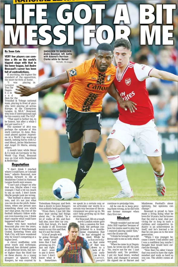  ?? PICTURE: PA Images ?? SHOULDER TO SHOULDER: Andre Boucaud, left, battle with Arsenal’s Harrison Clarke while for Barnet
