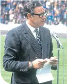  ??  ?? Willie Waddell addresses the Rangers support on the Ibrox pitch back in August, 1972