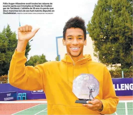  ?? PHOTO COURTOISIE CHALLENGER DE TACHKENT ?? Félix Auger-aliassime avait toutes les raisons de sourire après son triomphe en finale du Challenger de Tachkent. L’athlète de 18 ans n’a perdu que deux manches lors de ses huit matchs disputés en Ouzbékista­n.