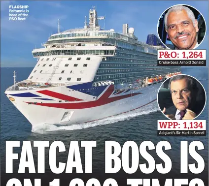  ??  ?? Cruise boss Arnold Donald Ad giant’s Sir Martin Sorrell WPP: 1,134 FLAGSHIP Britannia is head of the P&O fleet P&O: 1,264