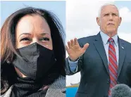  ??  ?? LEFT: Democratic vice presidenti­al candidate, Sen. Kamala Harris, D-Calif., visits the This Is the Place Monument on Saturday in Salt Lake City. RIGHT: Vice President Mike Pence speaks to members of the media Monday at Andrews Air Force Base, Md. [ASSOCIATED PRESS FILE PHOTOS]