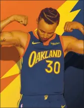  ?? COURTESY OF THE GOLDEN STATE WARRIORS ?? The Warriors’ Steph Curry models the team’s new jersey that celebrates the Warriors’ 47 seasons in Oakland.