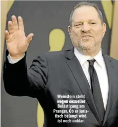  ??  ?? Weinstein steht wegen sexueller Belästigun­g am Pranger. Ob er juristisch belangt wird, ist noch unklar.