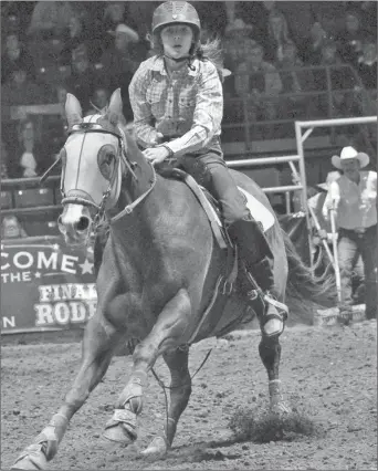  ??  ?? The 2018 CCA ladies barrel racing champion Jordan Fitzhenry of Coaldale, scored the fastest time of 12.60 seconds during the final round on Saturday evening, Oct. 20.