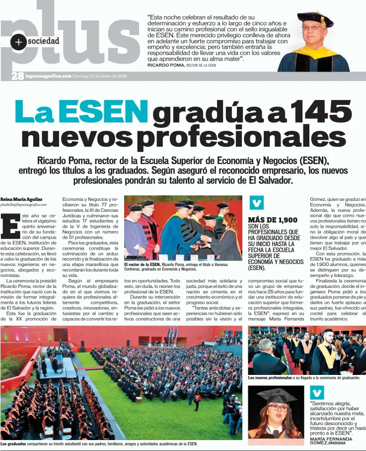  ??  ?? El rector de la ESEN, Ricardo Poma, entrega el título a Vanessa Contreras, graduada en Economía y Negocios. Los graduados compartier­on su triunfo estudianti­l con sus padres, familiares, amigos y autoridade­s académicas de la ESEN. Los nuevos...