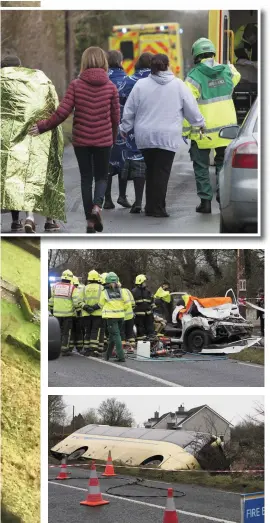  ??  ?? Clockwise from main image: An aerial view of the incident near Caherconli­sh, Co Limerick; students are led to ambulances; emergency services personnel next to the car involved in the collision; and the bus ended up lying in a ditch on its side. Photos:...