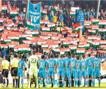  ?? PTI ?? Good show: The Indian football team before the start of the match against Kenya at the Hero Interconti­nental Cup in Mumbai on June 4, 2018. There is an upswing in the team’s performanc­es and the Indian tricolour is really flying high.