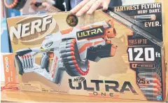  ??  ?? The Nerf Ultra One, which is billed as firing soft darts up to 37 metres, shoots the projectile­s with enough force to potentiall­y cause eye injuries, according to World Against Toys Causing Harm.