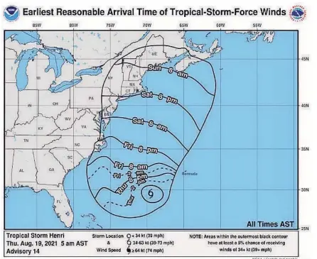  ?? NOAA / Contribute­d graphic ?? The current forecast indicates the effects of the tropical storm should reach Connecticu­t by Saturday night.