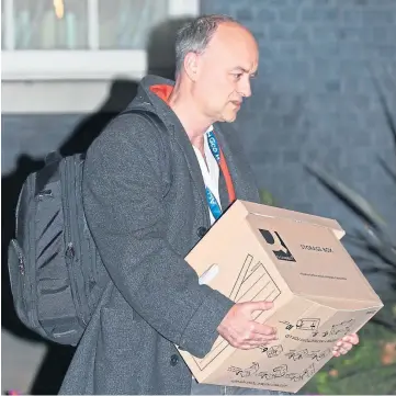  ??  ?? EXIT: Dominic Cummings, Boris Johnson’s chief adviser, leaves No 10 carrying a box.