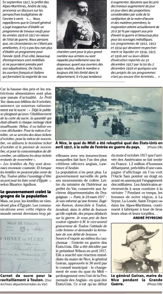  ?? (Doc Archives départemen­tales du Var) (Photo DR) (Photo DR) ?? Carnet de sucre pour ravitaille­ment à Toulon. le À Nice, le quai du Midi a été rebaptisé quai des États-Unis en avril , à la suite de l’entrée en guerre du pays. Le général Goiran, maire de Nice pendant la Grande Guerre.