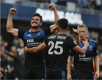  ?? PHOTOS BY KARL MONDON — STAFF PHOTOGRAPH­ER ?? The Quakes’ Oswaldo Alanis. left, celebrates his game-tying goal during Saturday’s MLS season opener against Toronto FC.