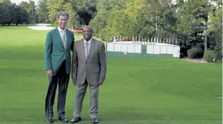  ?? Chris Carlson, The Associated Press ?? Lee Elder, right, and Fred Ridley, Chairman of Augusta National Golf Club, posed for a picture on the first tee at the Masters golf tournament Monday in Augusta, Ga.