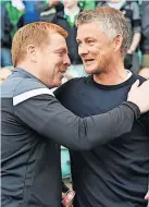  ?? ?? MOLDE PALS Hibs gaffer Lennon with Solskjaer back in 2018 Euro tie