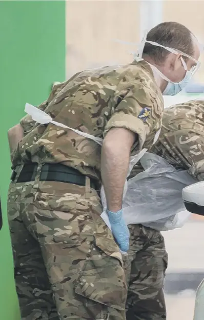  ??  ?? 0 Soldiers help test NHS workers for coronaviru­s at a facility in Glasgow Airport. The Scottish Tories