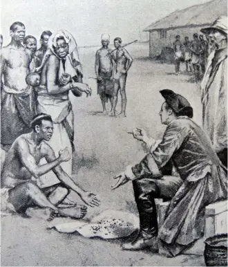  ??  ?? BELOW
This engraving depicts slaves being sold for cowries