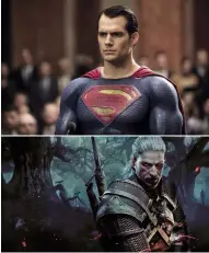  ??  ?? TRE VOLTE CLARK KENT In alto, in Batman v Superman: Dawn of Justice, del 2016. Cavill ha interpreta­to il supereroe anche nell’Uomo d’acciaio (2013) e in Justice League (2017). Qui sopra, The Witcher, serie fantasy di Netflix.