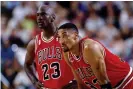  ??  ?? Michael Jordan and Scottie Pippen look on during the Bulls’ fourth NBA title run in 1996. Photograph: Andrew D Bernstein/ NBAE/Getty Images