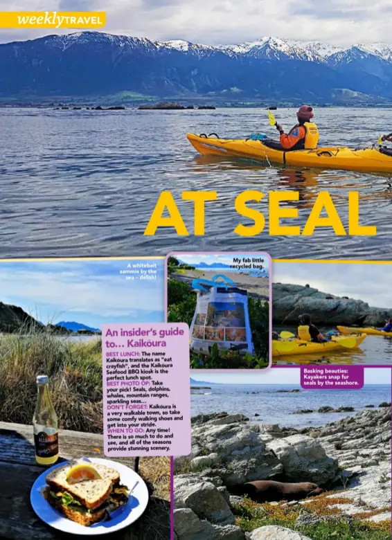  ??  ?? A whitebait sammie by the
sea – delish!
My fab little recycled bag.
Basking beauties: Kayakers snap fur seals by the seashore.