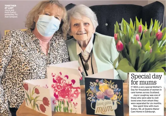  ??  ?? TOGETHER AT LAST Joyce and mum Evelyn yesterday. Pic: Alan Simpson