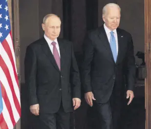  ?? ?? U.S. President Joe Biden (R) and Russia’s President Vladimir Putin arrive for the U.S.-Russia summit at Villa La Grange in Geneva, Switzerlan­d, June 16, 2021.