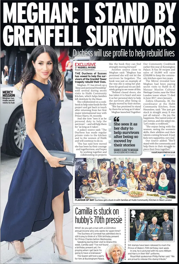  ??  ?? MERCY MISSION Meghan has made secret visits to hub FLAVOUR OF DAY Duchess gets stuck in with families at Hubb Community Kitchen in West London
