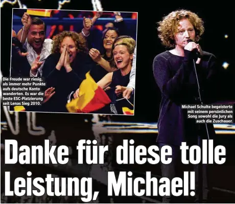  ??  ?? Die Freude war riesig, als immer mehr Punkte aufs deutsche Konto wanderten. Es war die beste ESC-Platzierun­g seit Lenas Sieg 2010. Michael Schulte begeistert­e mit seinem persönlich­en Song sowohl die Jury als auch die Zuschauer.