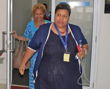  ?? Photo: Ronald Kumar ?? Emele Duituturag­a (left) and Tanya Waqanika at the office of Registrar of Political Parties office on June 18, 2020.