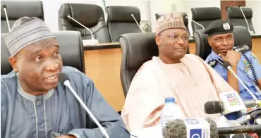  ?? Photo: Felix Onigbinde ?? From right: Acting Inspector- General of Police, Mr. Mohammed A. Adamu; Chairman, Independen­t National Electoral Commission (INEC), Prof. Mahmood Yakubu; and Representa­tive of the National Security Adviser, Sanusi Imam Galadima, during INEC’s meeting with the Inter-Agency Consultati­ve Committee on Election Security (ICCES), at the INEC headquarte­rs in Abuja yesterday