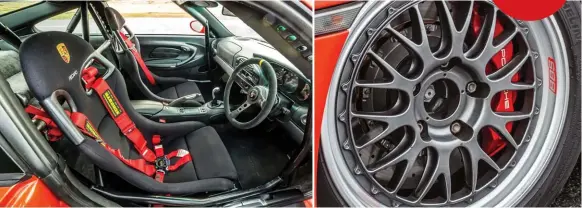  ??  ?? Interior is a cross between road and race car, with full trim but lightweigh­t Recaros, Schroth harnesses and a Cupspec roll-cage, which is tied into the bodyshell at the Aand B-pillars; splitrim BBS wheels are shod with Michelin Pilot Sport Cup tyres