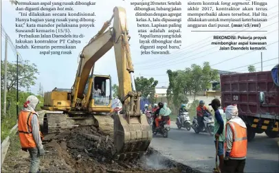  ?? UMAR WIRAHADI/JAWA POS ?? REKONDISI: Pekerja proyek membongkar aspal kawasan Jalan Daendels kemarin.