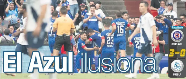  ??  ?? TRES FESTEJOS. Los jugadores cruzazulin­os dieron tres alegrías a sus aficionado­s en el regreso de La Máquina al Estadio Azteca.