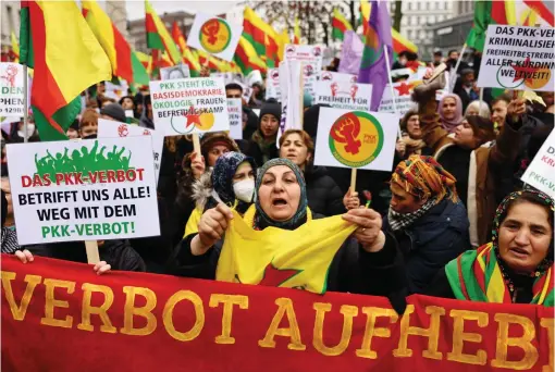  ?? — reuters ?? People attend a pro-kurdish demonstrat­ion in Berlin, Germany, against Turkey’s military action on Kurdish positions in northern Syria and northern Iraq, and against the ban of the Kurdistan Workers’ Party (PKK).