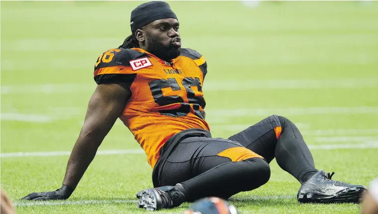  ?? GERRY KAHRMANN/PNG FILES ?? ‘I feel we have the potential to have a great defence this year. We just have to jell,’ says veteran B.C. Lions linebacker Solomon Elimimian.