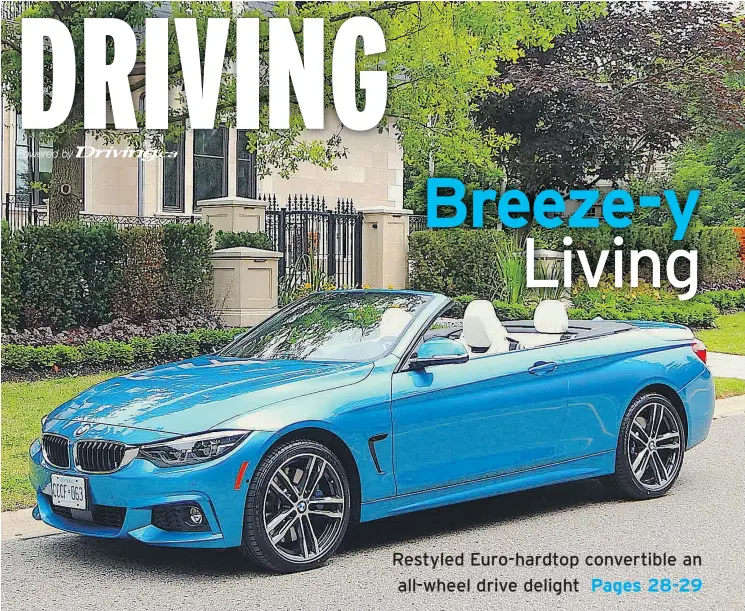  ?? BRIAN HARPER/DRIVING.CA ?? The 2018 BMW 440i xDrive is entertaini­ng, handsome — the tester’s Snapper Rocks Blue Metallic paint garnering much praise — and somewhat practical.