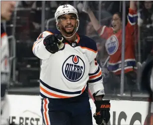  ?? MARK J. TERRILL —THE ASSOCIATED PRESS ?? Edmonton left wing Evander Kane, released by the Sharks on Jan. 8, leads the entire NHL with five goals in the playoffs already, as the Oilers lead 2-1in a first-round series against the Kings.