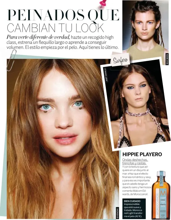  ??  ?? Imprescind­ible: que esté suave y tratado. Moroccanoi­l Light transforma el pelo (42 €).