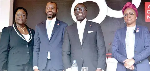  ?? ?? Director, Sterling Bank Plc, Mrs. Tairat Tijani ( left); Managing Director and Chief Executive Officer, Abubakar Suleiman; Chairman, Asue Ighodalo and Company Secretary, Mrs. Temitayo Adegoke at the 60th Annual General Meeting ( AGM) of the Bank in Lagos… yesterday